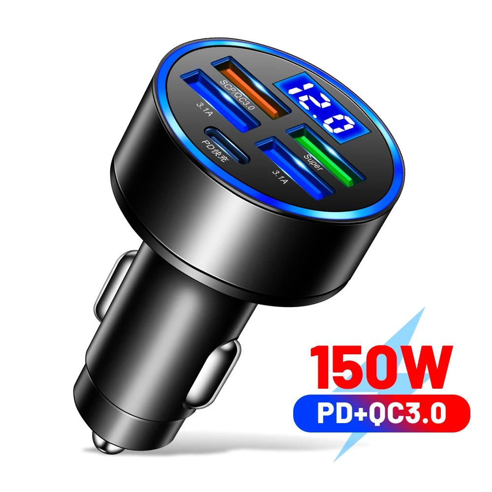 250W 6 Ports Car Charger Fast Charging PD QC3.0 USB C Car Phone Charger Type C Adapter in Car For iPhone Samsung Huawei Xiaomi