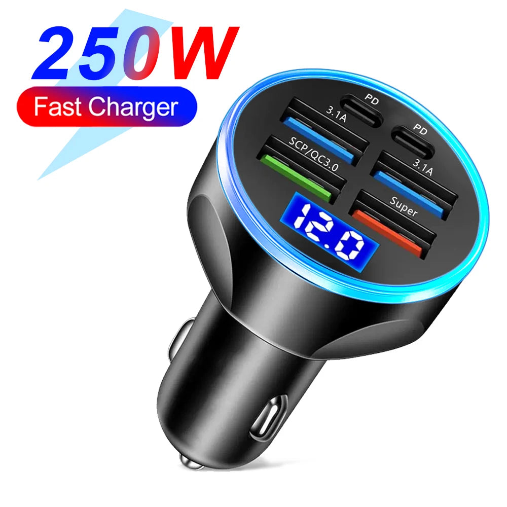 250W 6 Ports Car Charger Fast Charging PD QC3.0 USB C Car Phone Charger Type C Adapter in Car For iPhone Samsung Huawei Xiaomi