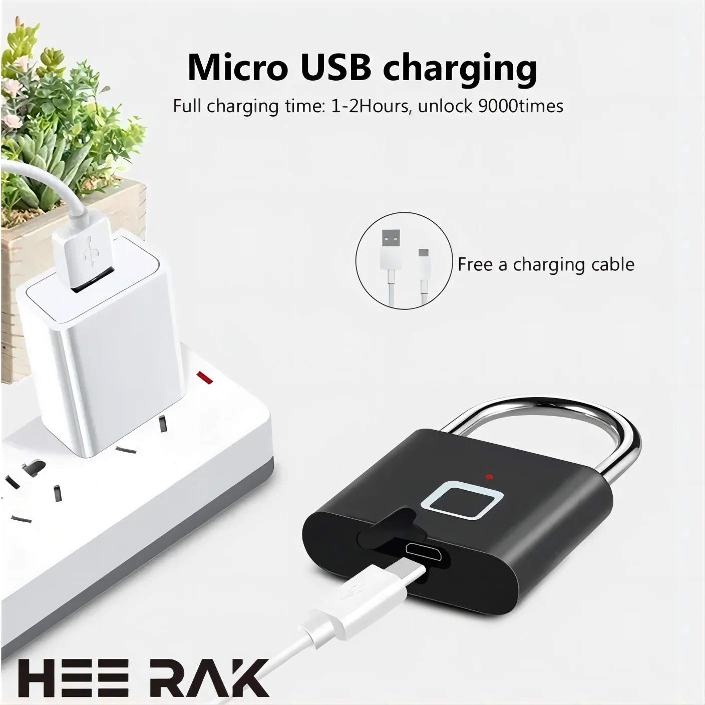 HEE RAK Keyless USB Charging Fingerprint Lock Smart Padlock Waterproof Door Lock 0.2sec Unlock Portable Anti-theft Padlock Zinc