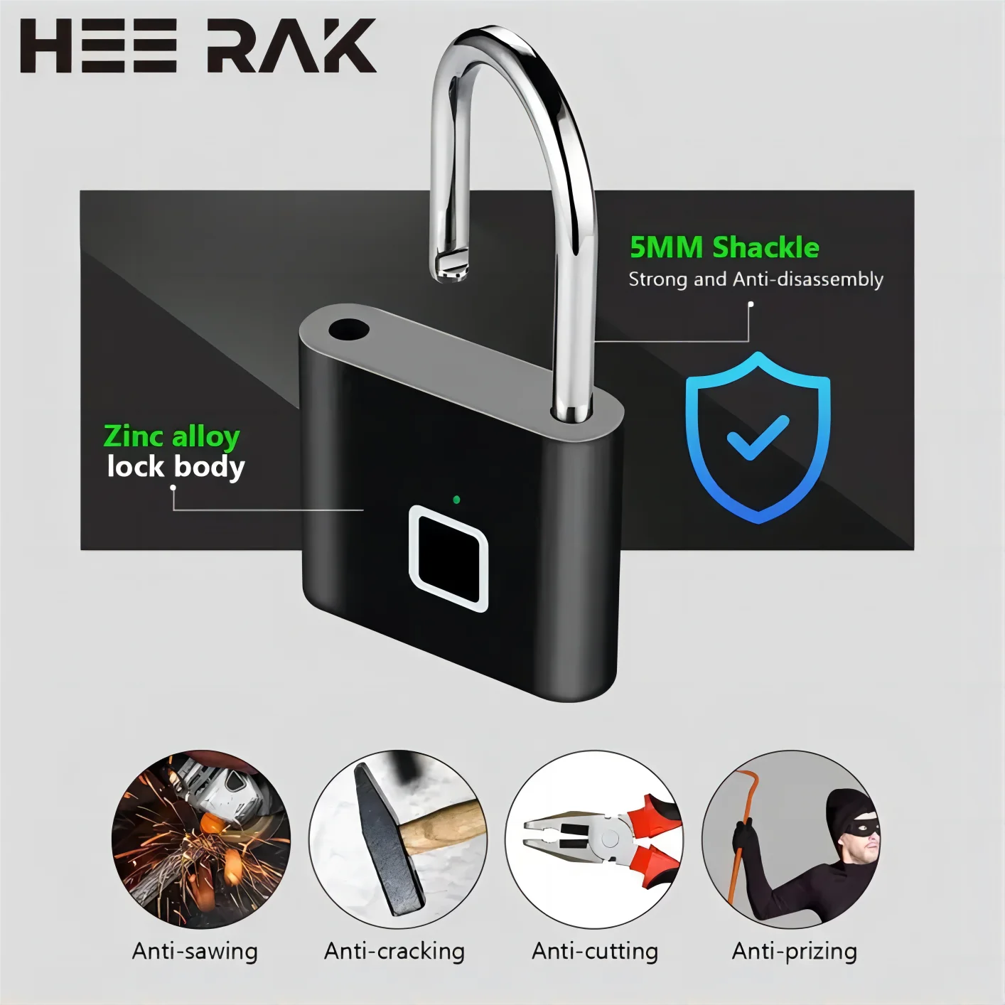 HEE RAK Keyless USB Charging Fingerprint Lock Smart Padlock Waterproof Door Lock 0.2sec Unlock Portable Anti-theft Padlock Zinc