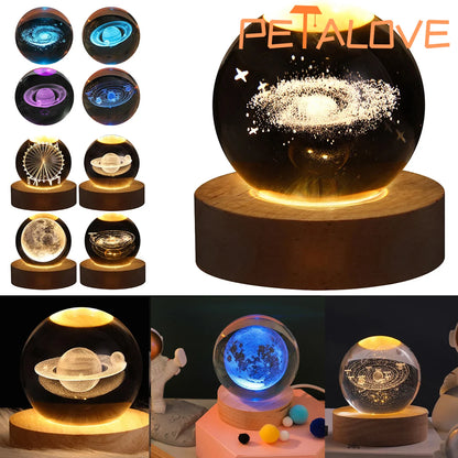 Crystal Ball LED Night Light Colorful Saturn Solar System 3D Moon Table Lamp USB Bedroom Atmosphere Lamp for Birthday Kid Gift