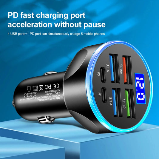 250W 6 Ports Car Charger Fast Charging PD QC3.0 USB C Car Phone Charger Type C Adapter in Car For iPhone Samsung Huawei Xiaomi